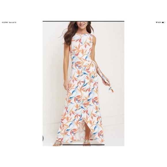 Tommy Bahama Maxi Dress Medium Tropical Print Jersey Sleeveless Faux Wrap Resort - Picture 1 of 10